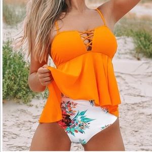 Orange Ruffle Tankini with printed bottom